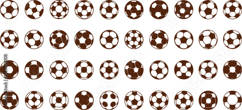 A collection of brown and white soccer balls arranged in rows on a plain white background
