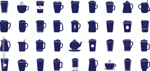 A collection of various coffee and tea cups on a white background