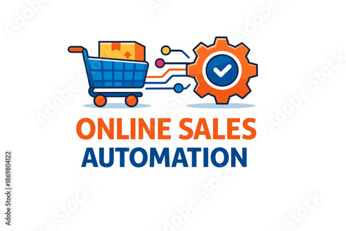 Online sales automation concept with shopping cart and gear icon