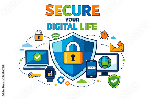 Secure digital life: protecting devices with cybersecurity shield and lock icons