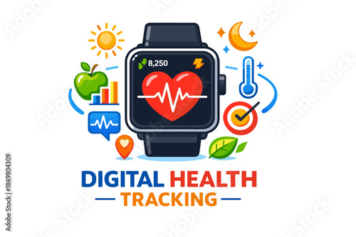 Smartwatch with heartbeat tracking and health monitoring icons on white background