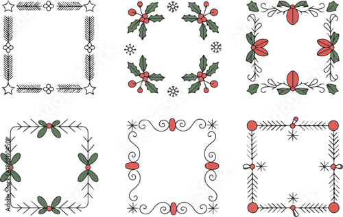 Whimsical Christmas Frame Outline Icon Set Holiday Border, Berries, and Pine