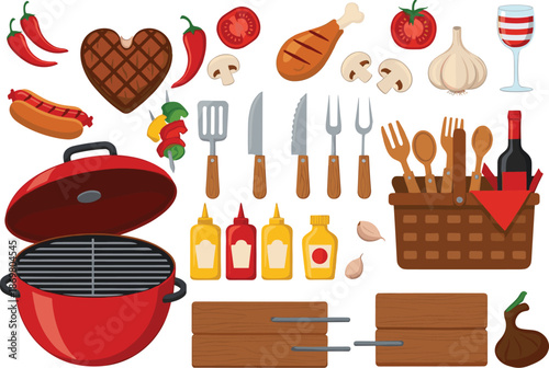 Barbecue grilling illustration set with grill meat vegetables sauces kitchen tools and outdoor cooking elements vector