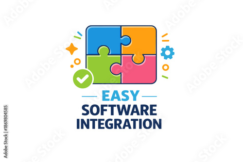 Easy software integration with colorful puzzle pieces and checkmark