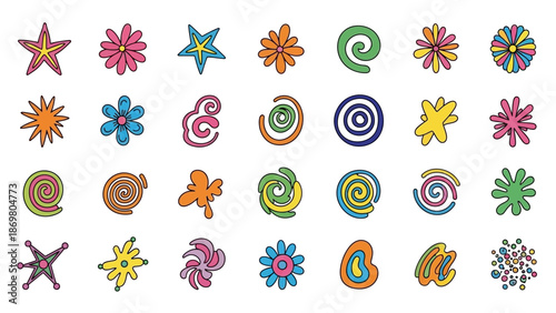Whimsical Shape Grid Vector – Colorful Cartoon-Like Abstract Forms Including Stars, Flowers, Clouds, Spirals for Creative, Educational, and Decorative Design Projects