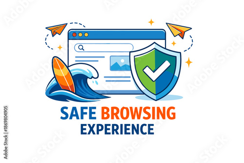 Safe browsing experience concept with surfboard and shield illustration