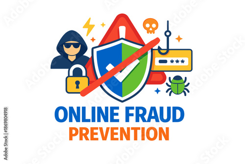 Online fraud prevention: cybersecurity icons and safety symbols