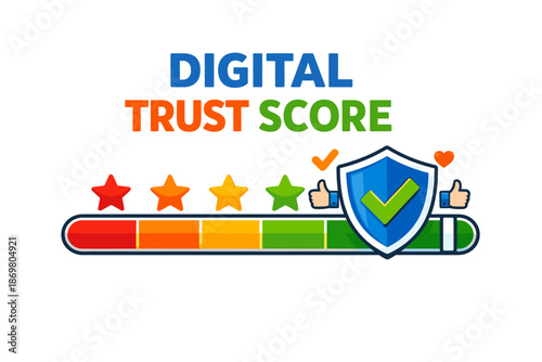 Digital trust score concept with colorful rating scale and shield icon