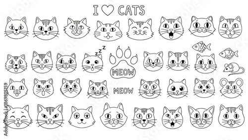 Cartoon Cat Face Vector Set – Expressive Feline Icons with “I ♥ CATS,” Fish, Mouse, and Paw Graphics for Cute, Decorative, and Educational Use