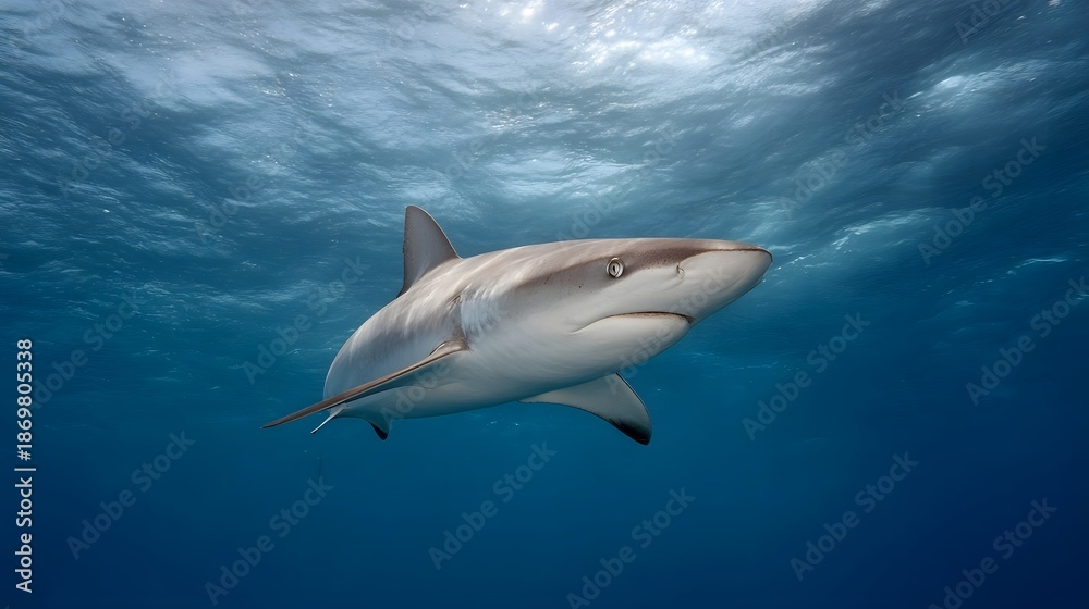 Obraz premium A sleek grey shark glides through clear blue ocean water with sunlight filtering from the surface