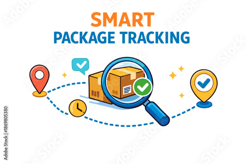 Smart package tracking concept with magnifying glass, location icons, and checkmarks