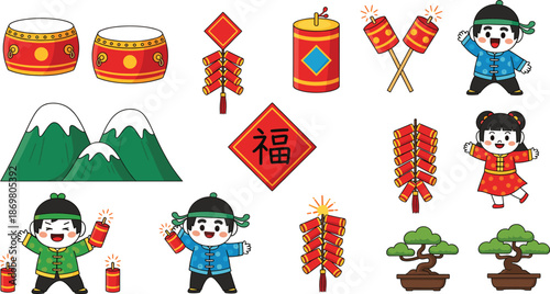 Set of cute cartoon Chinese New Year elements with happy kids, red firecrackers, drums, bonsai trees, mountains, and traditional lucky fu character sign.