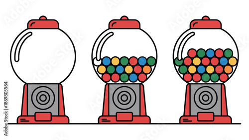 Colorful gumball machine illustration featuring three machines with different amounts of colorful balls, vector set on plain white background for fun, candy, and children’s design