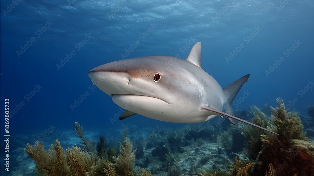 Obraz premium A powerful grey shark swims majestically in clear blue ocean water surrounded by coral reef life