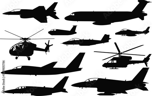 Black vector silhouettes of diverse combat airplanes and tactical helicopters for air force design elements.