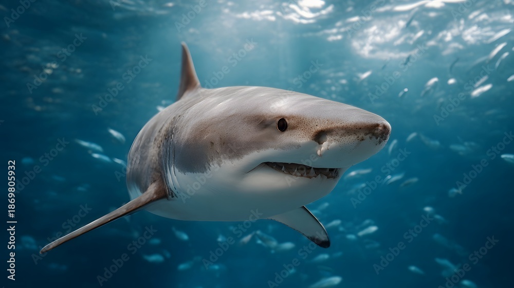 Fototapeta premium Majestic Great White Shark with Sharp Teeth Glides Through Sunlit Blue Ocean Waters Amidst Scattering Fish