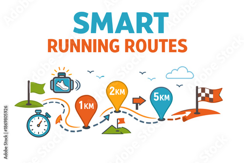 Smart running routes: illustrated 1km, 2km, 5km path with markers and stopwatch