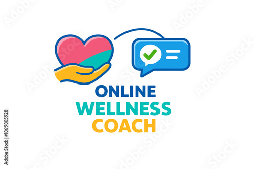 Online wellness coach heart icon and chat bubble with checkmark