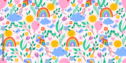 Seamless kawaii spring pattern with rainbows, suns, and clouds in a colorful pastel vector design. Perfect for kids textiles, wallpaper, and wrapping paper