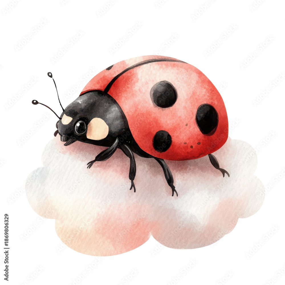 Fototapeta premium Cute Ladybug Illustration on White Cloud on transparent background
