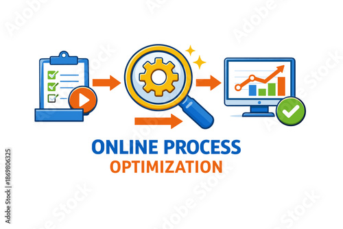 Online process optimization with gear magnifying glass and analytics chart