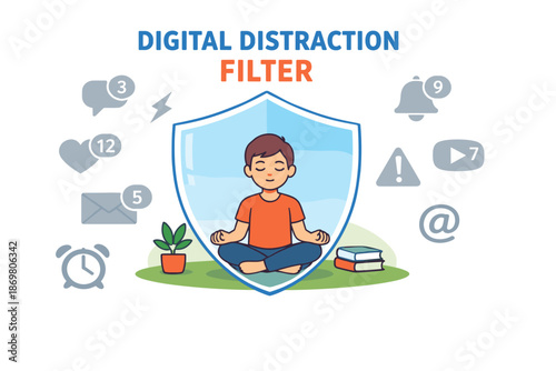 Digital distraction filter: young male meditating for focus amid tech icons