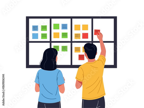 Two people planning and organizing with sticky notes on board