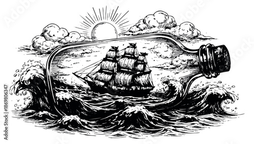 Hand drawn line art illustration of a ship in a bottle depicting sailing on stormy seas for nautical adventure themes