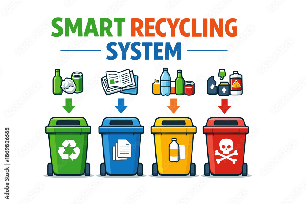 Naklejka premium Smart recycling system: efficient waste management with color-coded bins