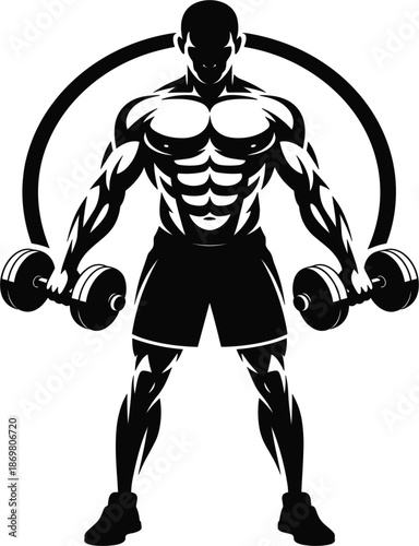 Muscular Bodybuilder Silhouette Lifting Dumbbells Vector Illustration For Gym Fitness Branding And Bodybuilding Club Logo.