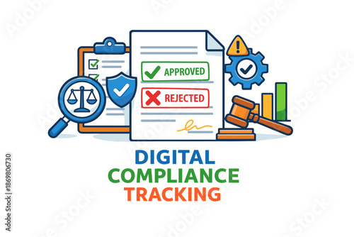 Digital compliance tracking concept with approval and rejection elements