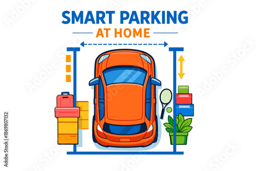 Smart parking at home: orange car in organized garage space with plants and boxes