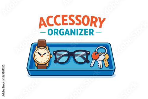 Accessory organizer with watch, glasses, and keys in a blue tray