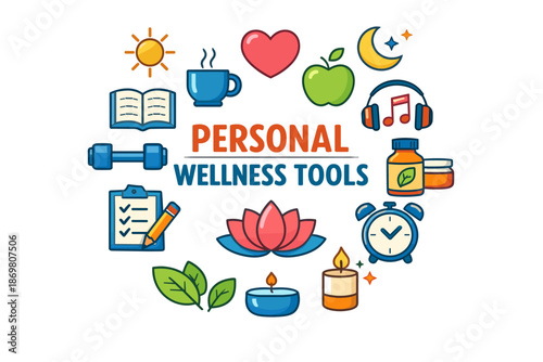 Personal wellness tools: yoga, nutrition, relaxation, fitness, music, meditation