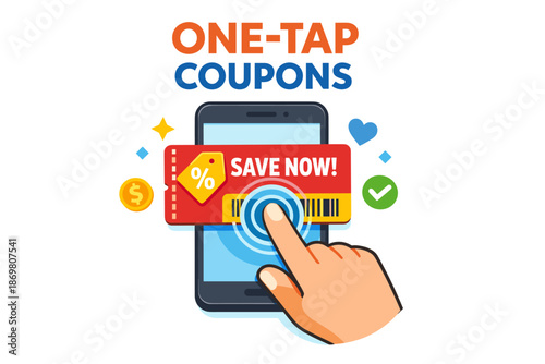 One-tap coupons on smartphone with save now button and barcode