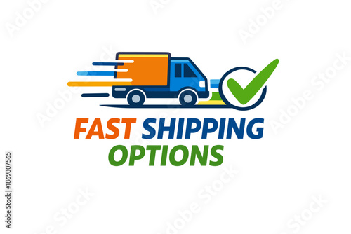 Fast shipping options with blue delivery truck and green checkmark icon