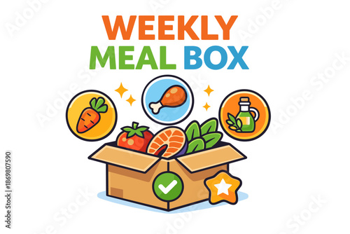 Weekly meal box with fresh ingredients: carrot, chicken, spinach, tomato, olive oil