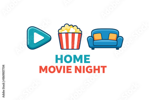 Home movie night: play button, popcorn, and sofa icons