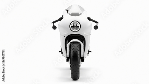 White futuristic motorcycle with round headlight and sleek transparent background
