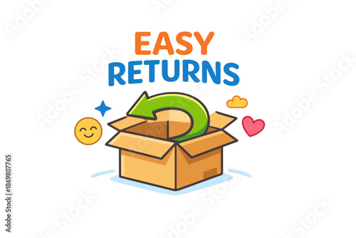 Easy returns illustration with open box and symbolic arrow