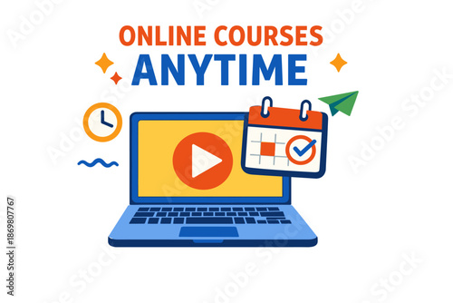 Online courses anytime concept with laptop and digital learning icons