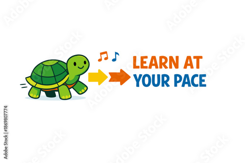Cartoon turtle encouraging learning at your own pace with musical notes