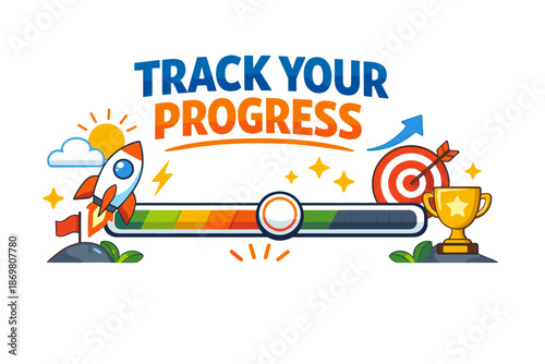 Track your progress with rocket and target progress bar illustration