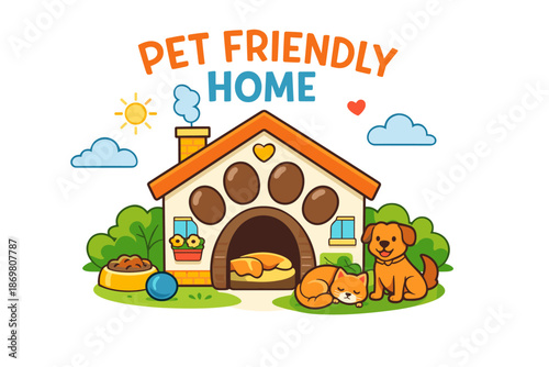 Pet-friendly home with cozy doghouse featuring happy pets and bright outdoors