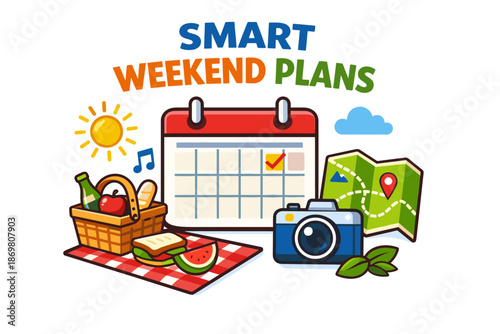 Smart weekend plans: picnic, camera, map, calendar illustration