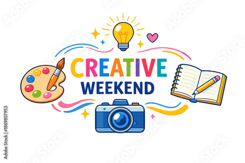 Creative weekend art and photography illustration with palette and camera