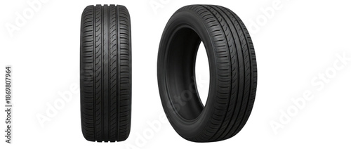 Photos Two black car tires isolated on a transparent background, one in profile and one
