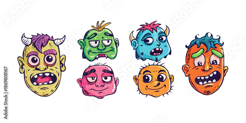 A set of 6 quirky monster character heads, colorful skin, expressive faces, flat 2D cartoon style, bold outlines, grainy texture, white background, high quality vector style.