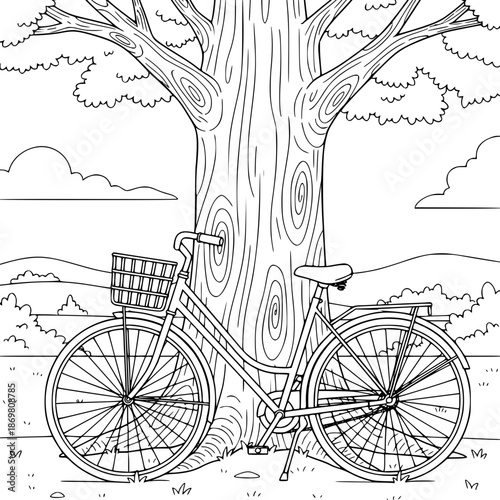 Bicycle leaning against tree in quiet yard
