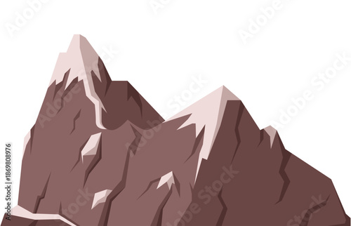 Flat vector illustration of a stylized brown rocky mountain range with sharp peaks and snow highlights. Isolated on white background, perfect for nature themes, adventure design, game environments, an